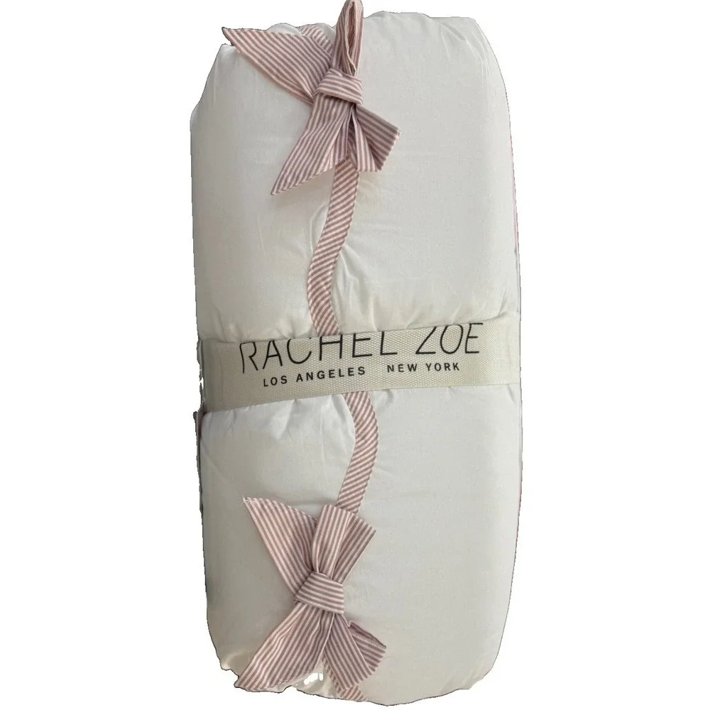 Rachel Zoe Bow Comforter 3 Pcs Set Full Queen White Pink Embroidered 100% Cotton